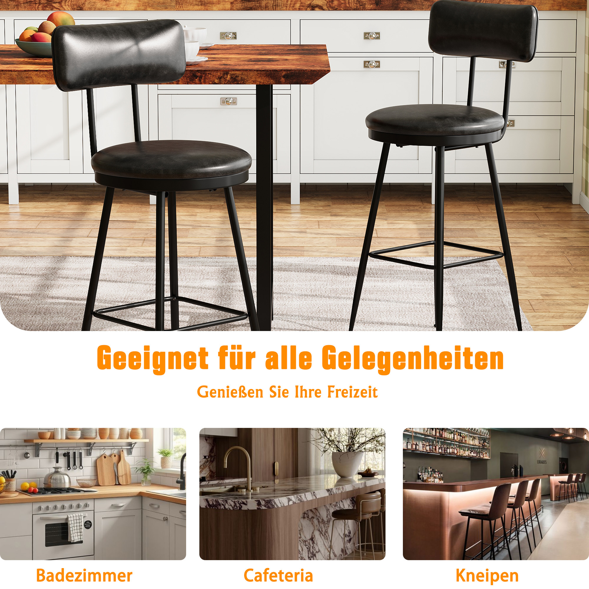 Rosahqnda Barhocker 2er/4er Set mit Rückenlehne, 65 cm Sitzhöhe Barhocker Kunstleder, 4 Beine, für Küche & Theke, Hausbar