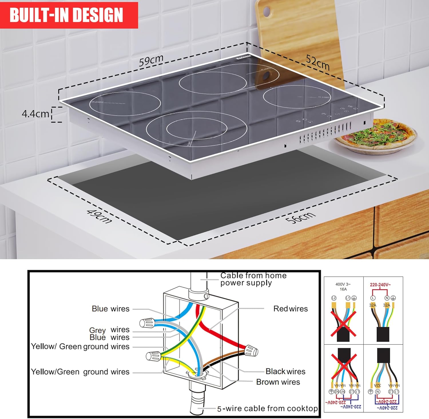 Placa de cerámica Karinear, placa de cocina eléctrica integrada de 4 zonas de 60 cm con zona ovalada dual 6600 W, cable duro, sin enchufe incluido