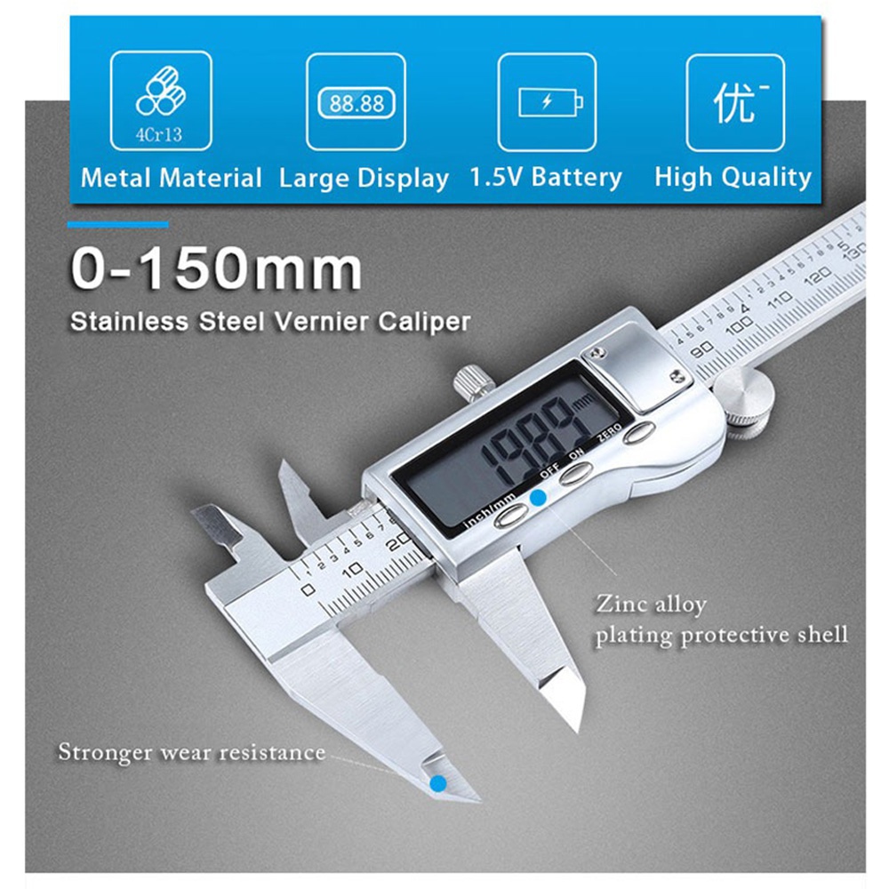 STONEGO-calibrador Digital de Metal de 0-150mm, calibradores Vernier de acero inoxidable, regla micrométrica electrónica, herramienta de medición de profundidad
