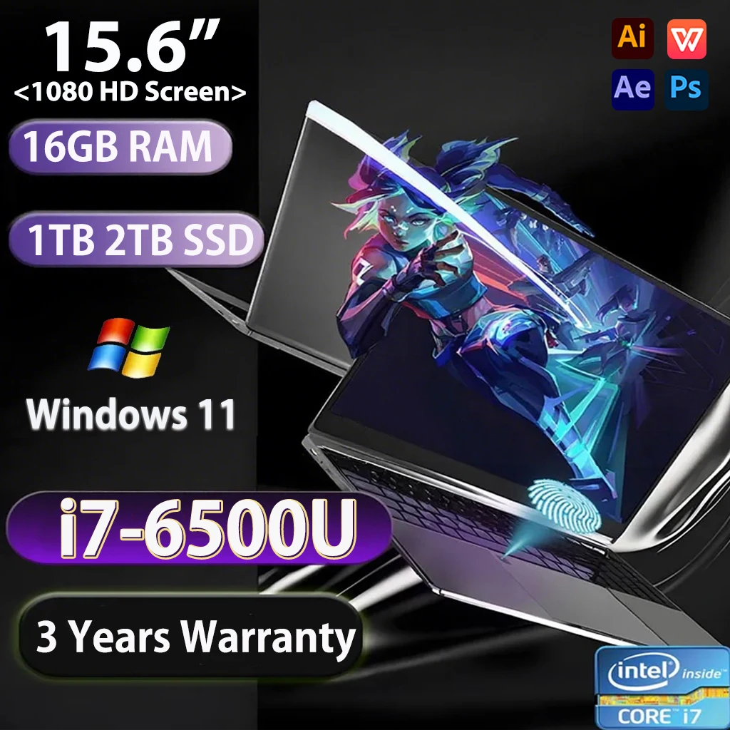 15.6 "FUCHU laptop Intel Core I7-6500U Windows 11 Laptop Computer 16GB RAM 1TB 2TB SSD Draagbare Notebook WiFi 5 Gaming laptops