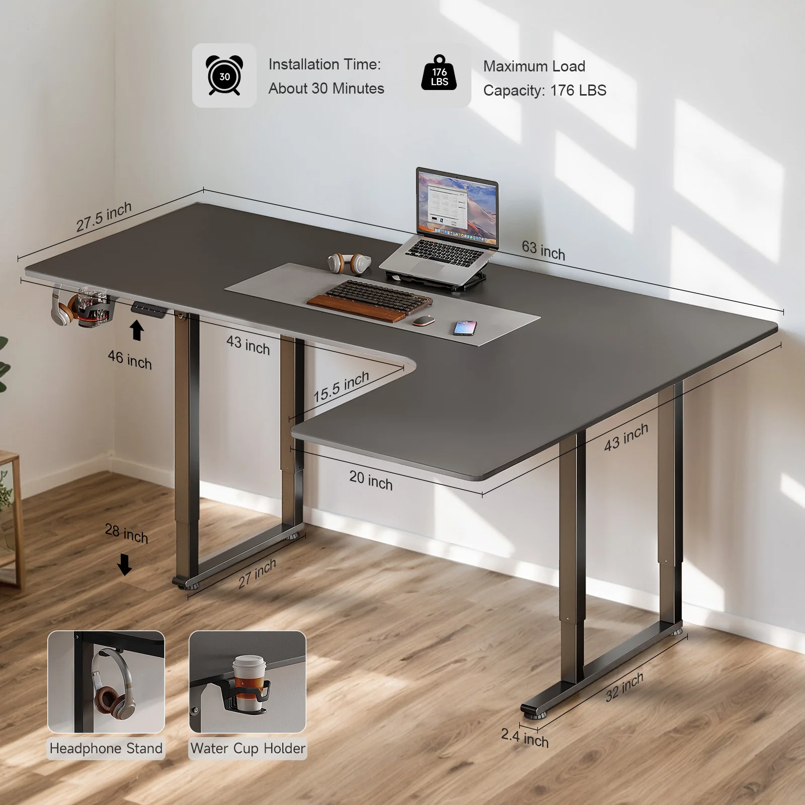 Standing Desk,63/71x43 Inches L Shaped Desk with 4 Legs,Dual Motor & Memory Controller,Electric Stand Up Desk Adjustable Height