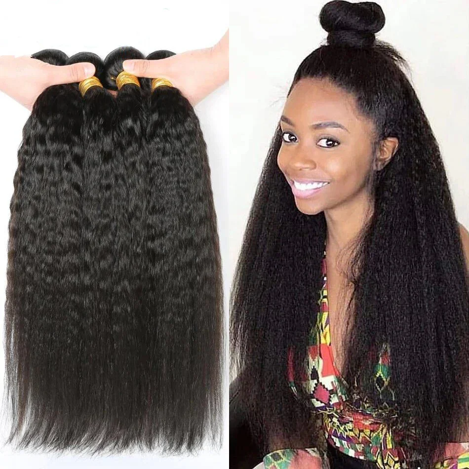Kinky em linha reta peruano tecer cabelo pacotes virgem pacotes de cabelo humano 28 30 Polegada extensões remy cru 3 4 pacotes grosso yaki trama