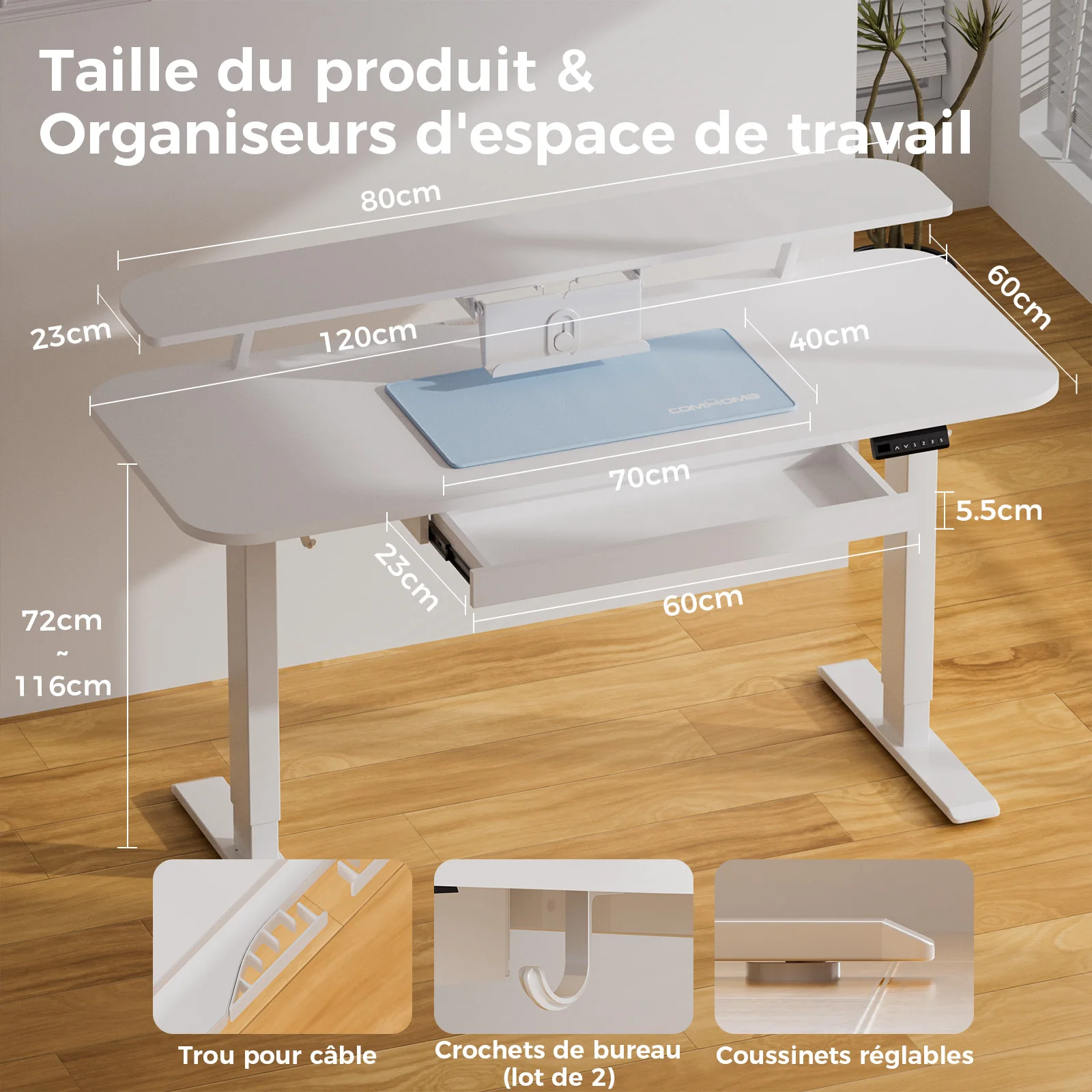 Bureau électrique réglable en hauteur COMHOMA avec tiroirs, support d'écran, support de tablette, avec contrôle de mémoire à 3 hauteurs, blanc