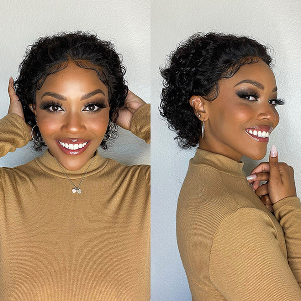 Pixie ตัดวิกผมโปร่งใสลูกไม้วิกผม 13x4 Curly สั้น Bob วิกผมผมมนุษย์ผู้หญิงสีดําธรรมชาติ 100% remy Human Hair 13X1