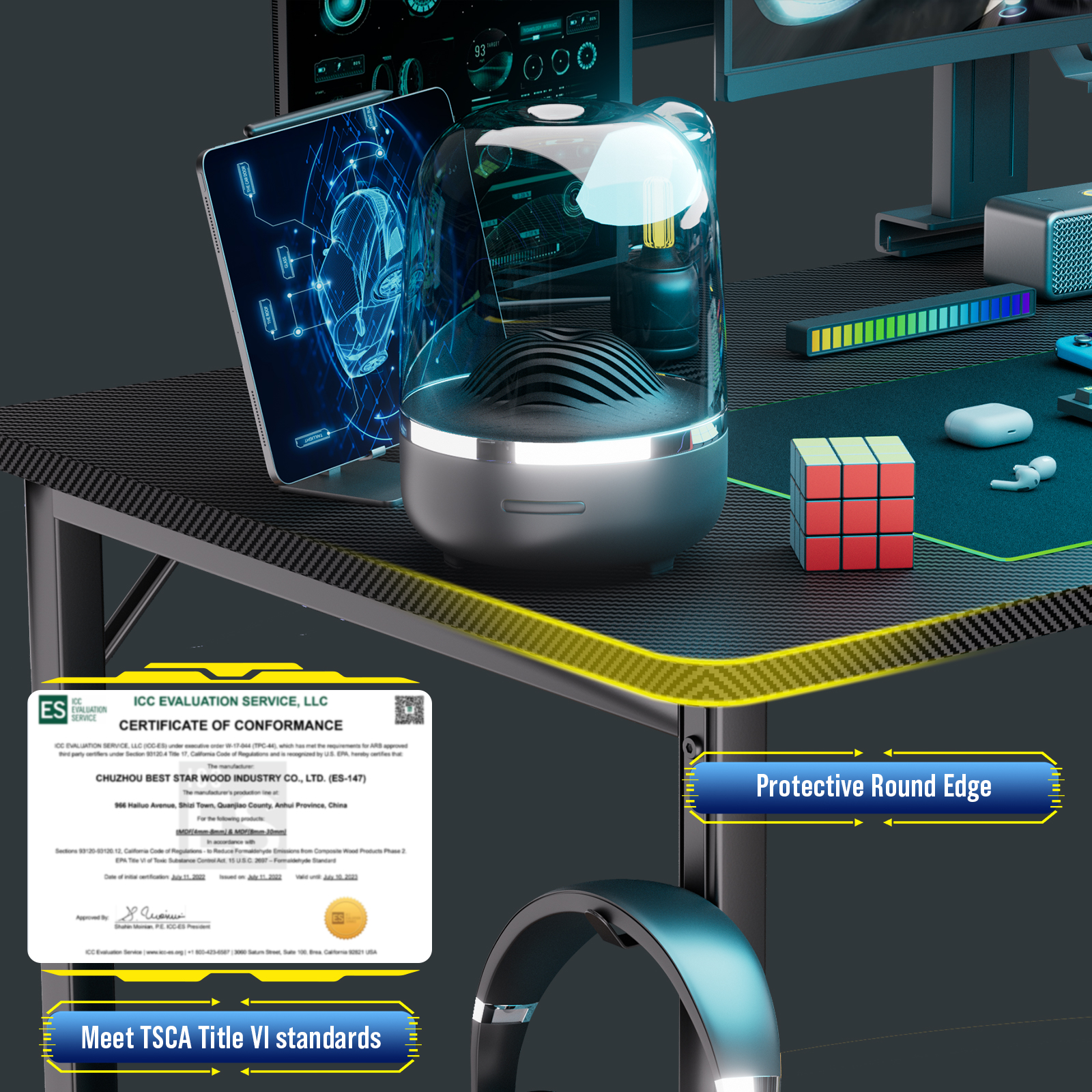 COMHOMA L Shaped Gaming Desk with Power Outlets Corner Computer Desk with Shelves Headphone Hook PC Table Workstation
