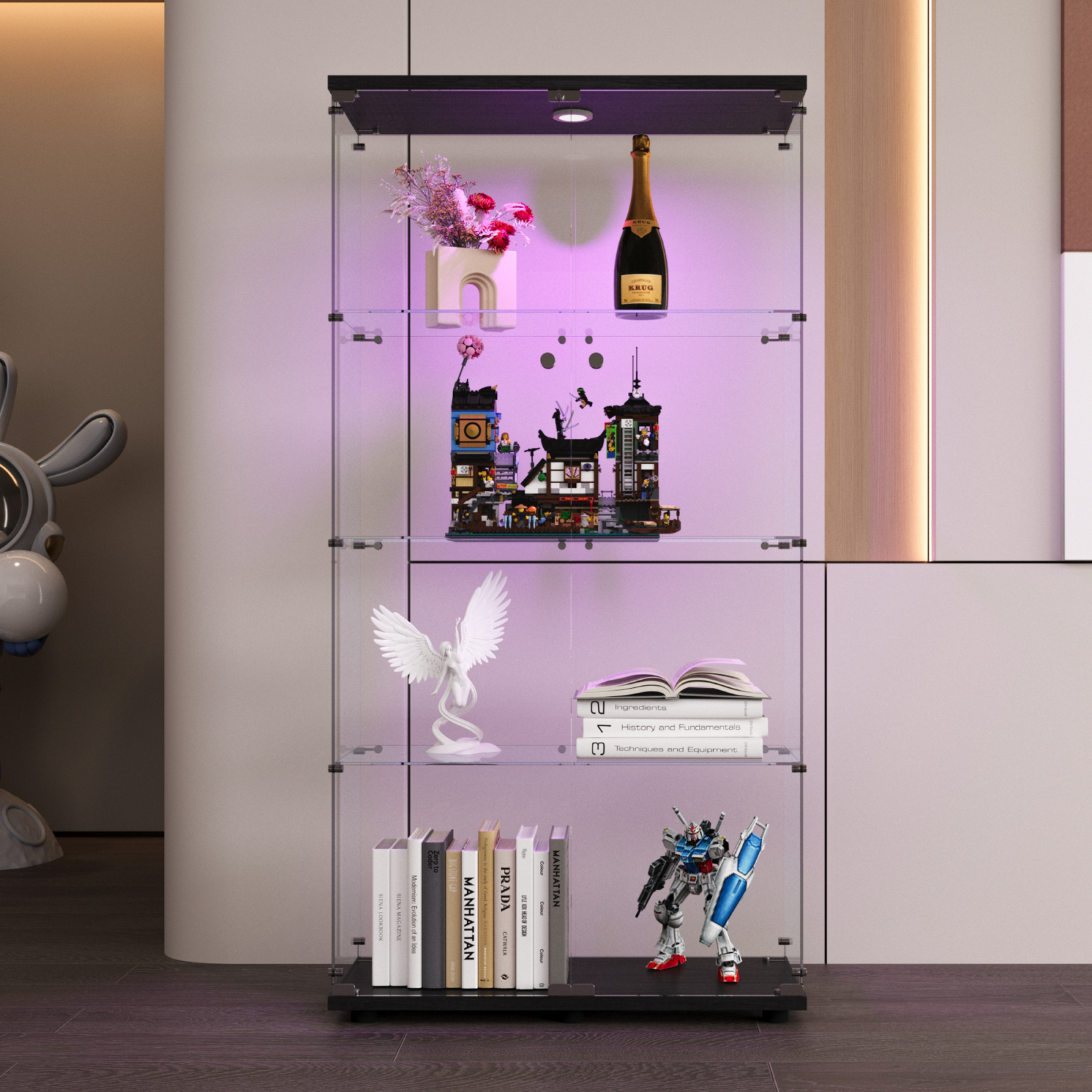 Anajqaqia Zweitüriger Glasvitrine mit 4 Fächern, stehendes Display mit LED und Schloss, für Sammlerstücke, Modelle, Spielzeug