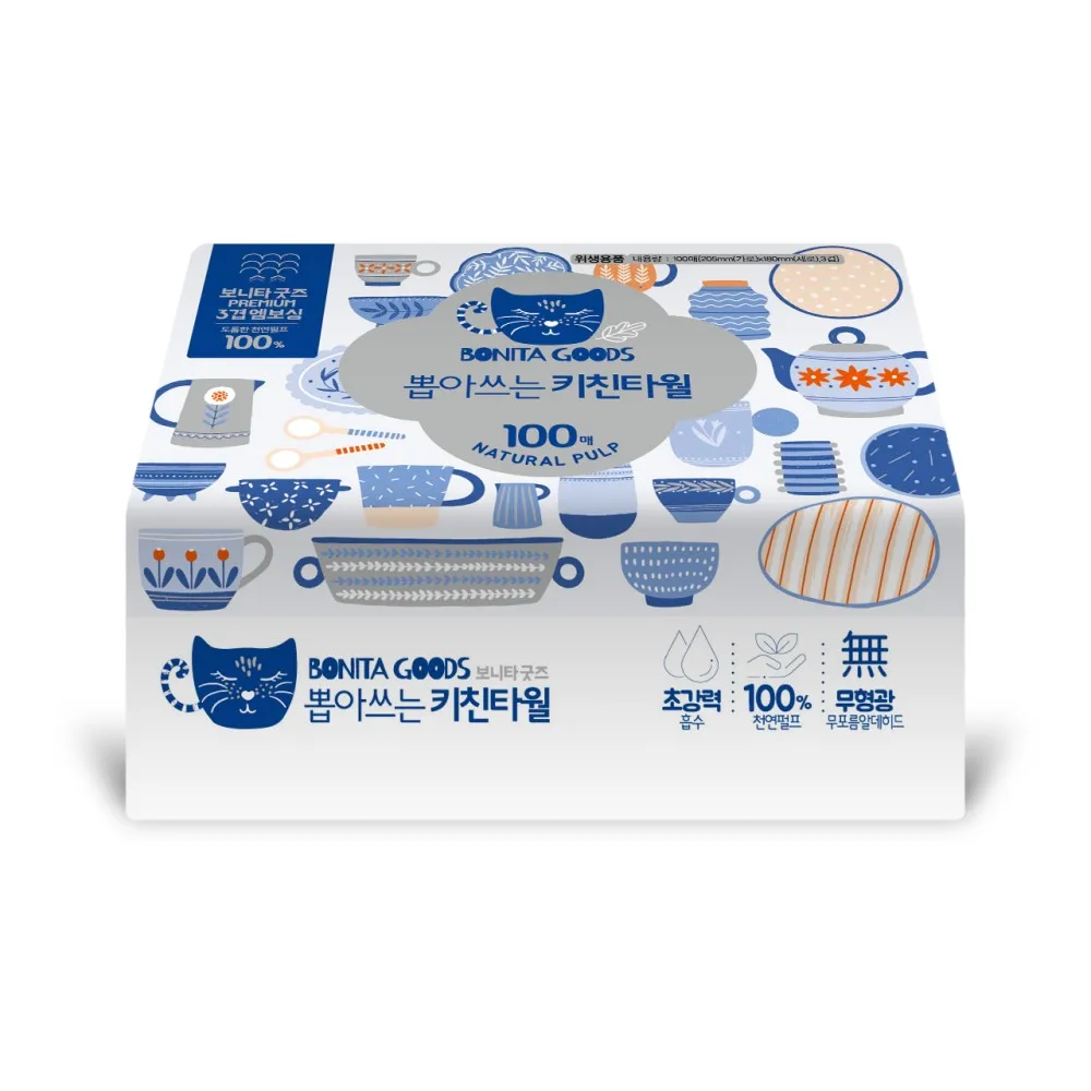 보니타굿즈 뽑아쓰는 키친타올 천연펄프 3겹 100매 10팩/ 키친타월 페이퍼타월
