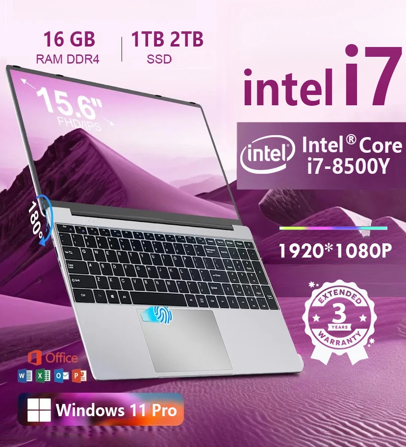 Laptop aziendale da 15,6 pollici Windows 11 Intel i7-8500Y 16 GB di RAM 1 TB SSD Laptop Impronte digitali Sblocco Computer portatile da ufficio