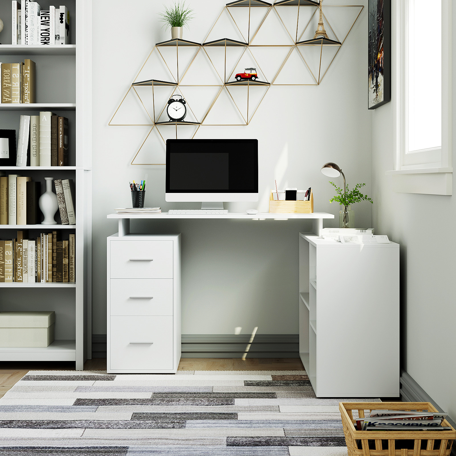 Getone desk corner desk L-shaped desk with drawers and shelves for study Office Home Office 129x104x