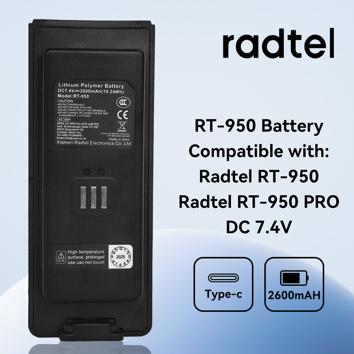 Walkie Talkie Li-Ionen-Akku 2600 mAh für Radtel RT-950 RT-950Pro Zweiweg-Amateurfunk