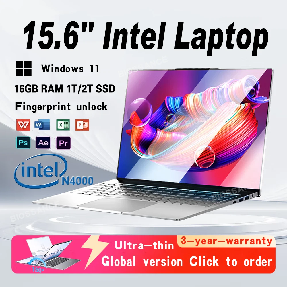 2025 Ultra-sottile 15.6 "Notebook windows 11 Intel Celeron N4000 16GB RAM 1TB 2TB SSD 4k Ufficio Studio Impronte digitali Computer portatile PC