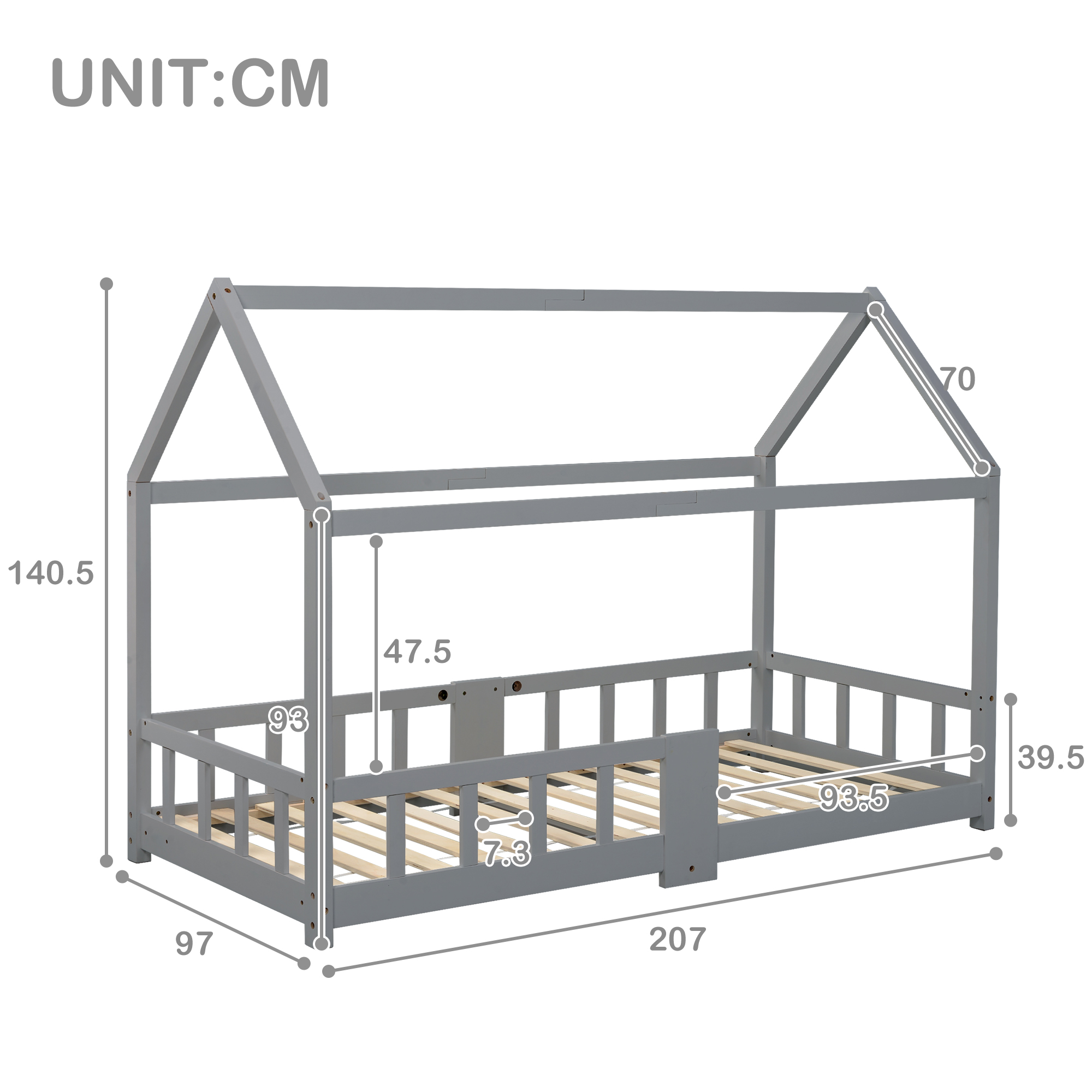Cabana de cama simples com tábua preta, barreira de queda, caixa slaty, cinza, cama sem colchão, 90x200 cm