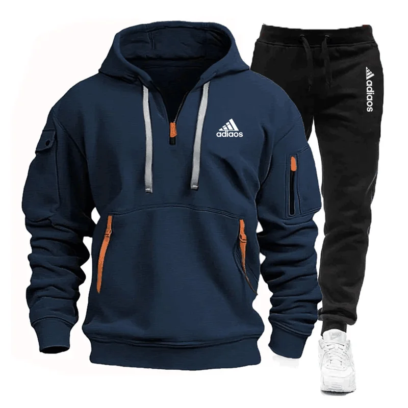 Conjunto de ropa deportiva y pantalones con múltiples bolsillos y cremallera para hombre, ropa deportiva informal, traje para correr, conjunto de dos piezas con capucha para primavera y otoño 2024