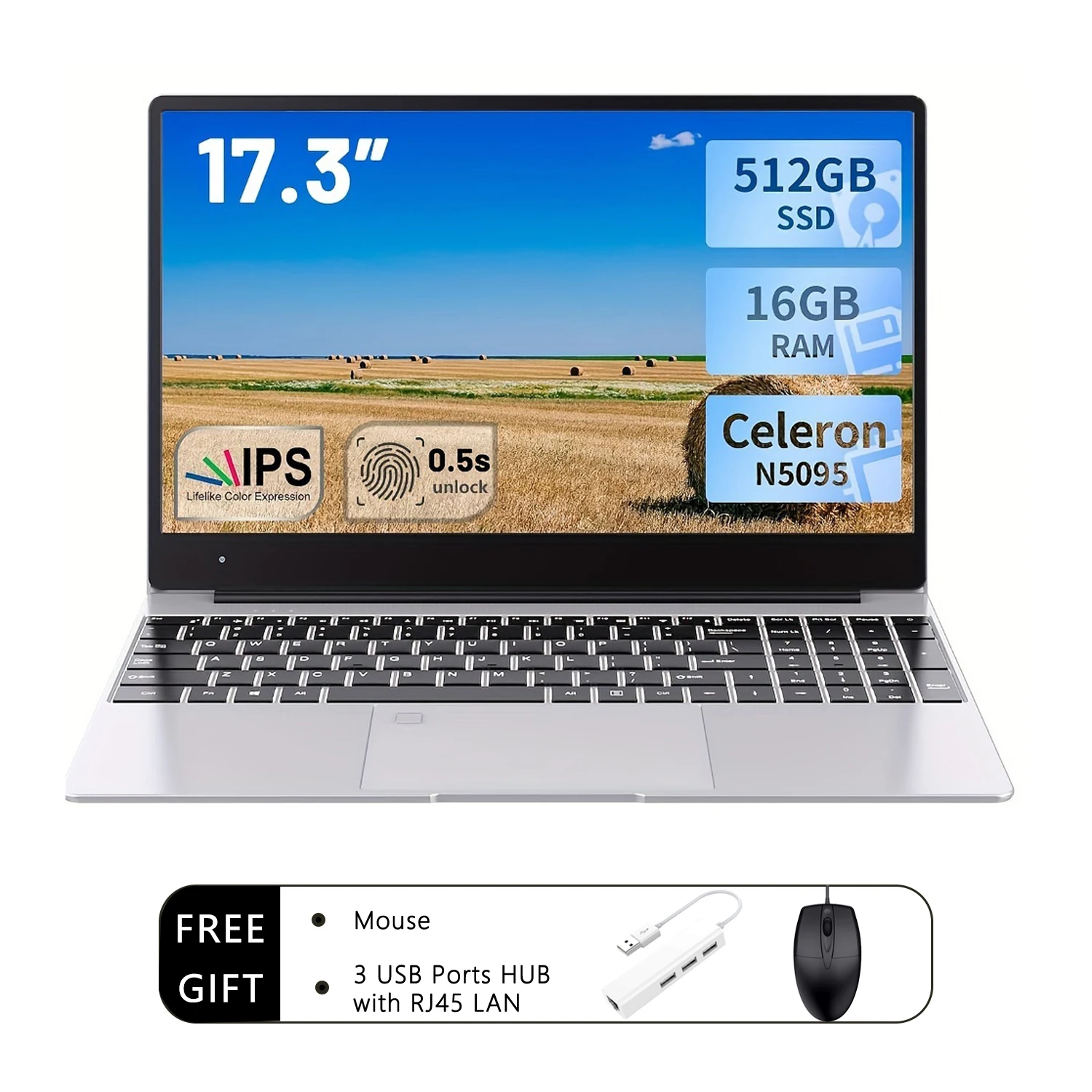 Laptop 17,3 cala z systemem Windows 11, klawiatura membranowa DE/IT/UK/FR/ES, Intel Celeron N5095, 16 GB RAM, 512 GB pamięci do przechowywania danych, do użytku biurowego.