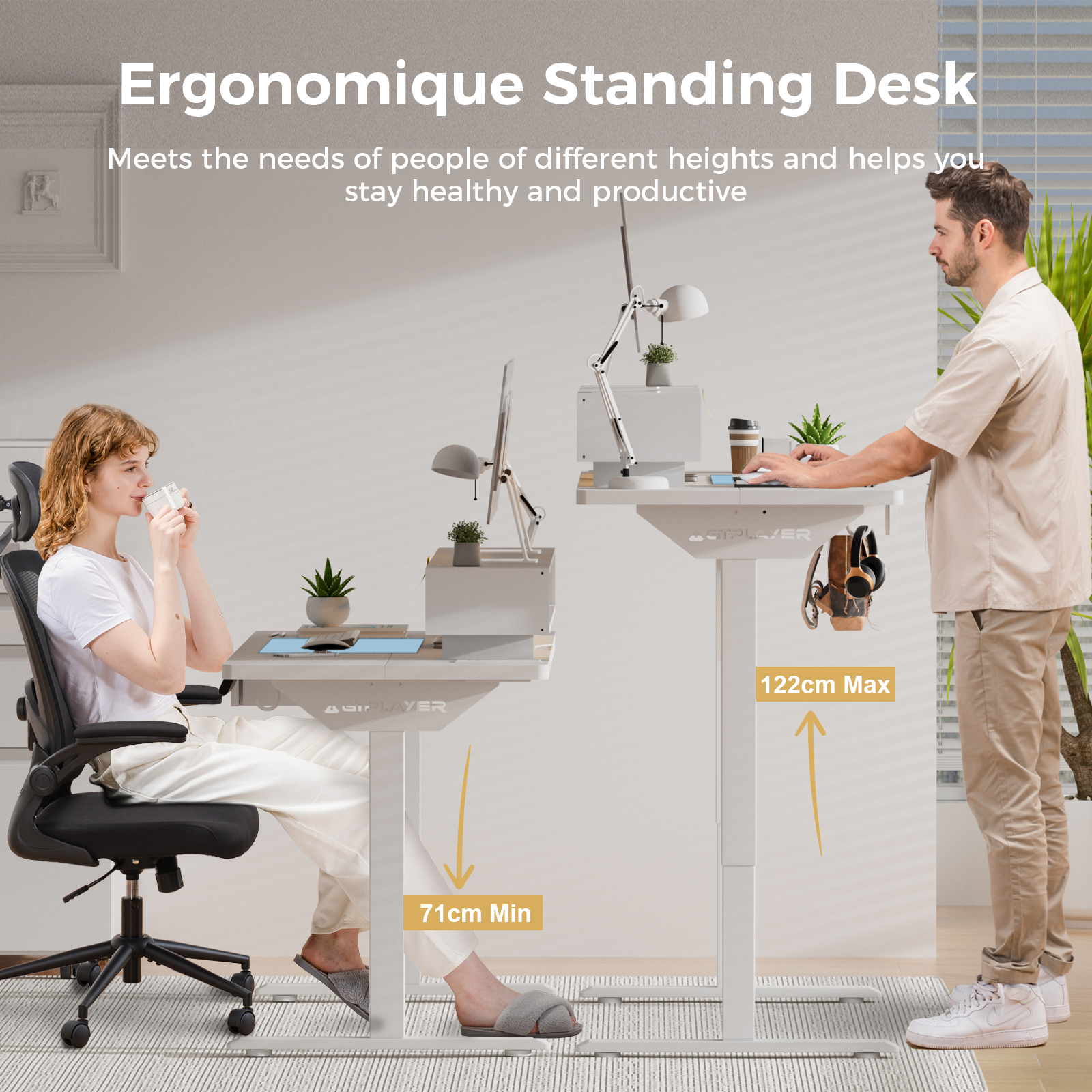 GTPLAYER Biurko Regulowane Elektrycznie 120x60 cm z Szufladami i Podstawką pod Monitor Biurko do Biura i Gier Białe