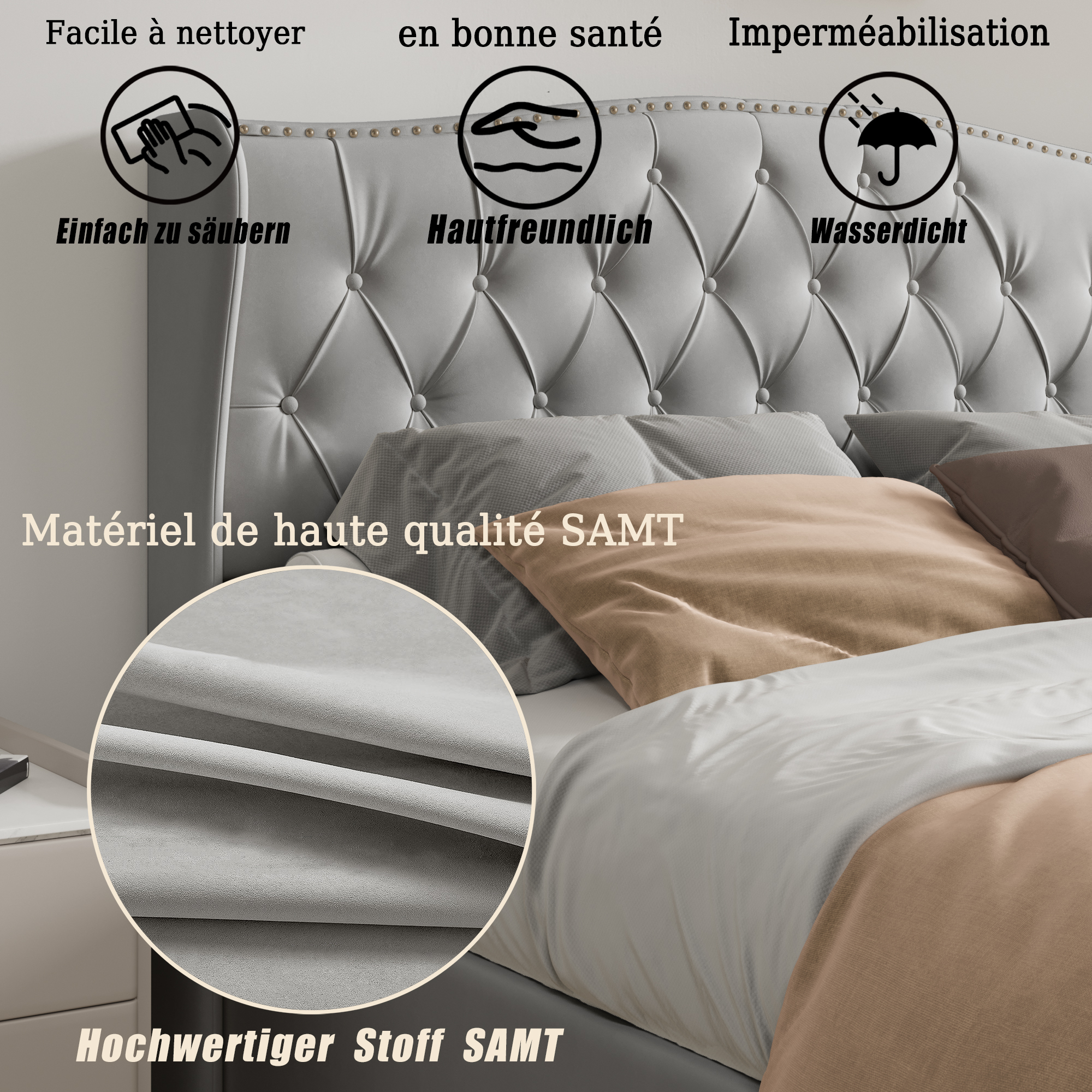 Lit capitonné 140x200 cm avec commode sous le lit, lit double avec tête de lit et sommier à lattes, velours, pour adultes et adolescents