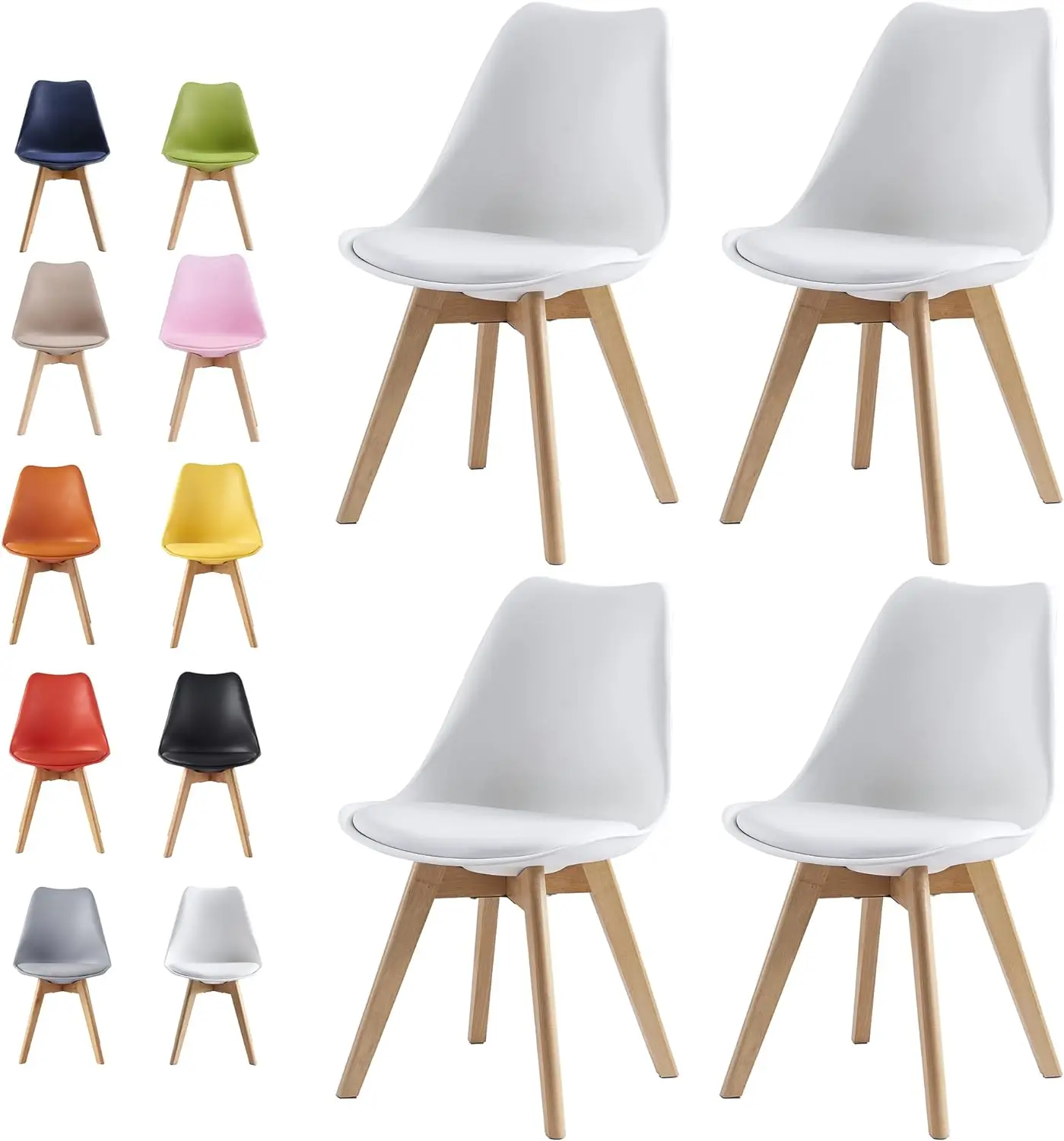 EGOONM Set of 4 Nordic Dining Chairs Inspired Solid Wood Plastic Padded Seat w/ PU Cushion for Living Room Office Furniture Home