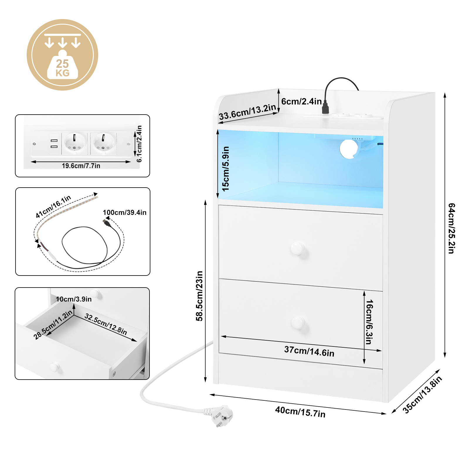 Table de chevet avec station de charge, prises USB, ports, table d'appoint avec lumière LED, table de chevet, chambre à coucher en bois
