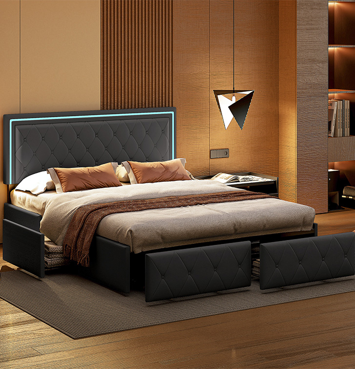 Rosahqnda Lit moderne en simili cuir avec tiroirs, lit double élégant en simili cuir avec rangement, sans matelas