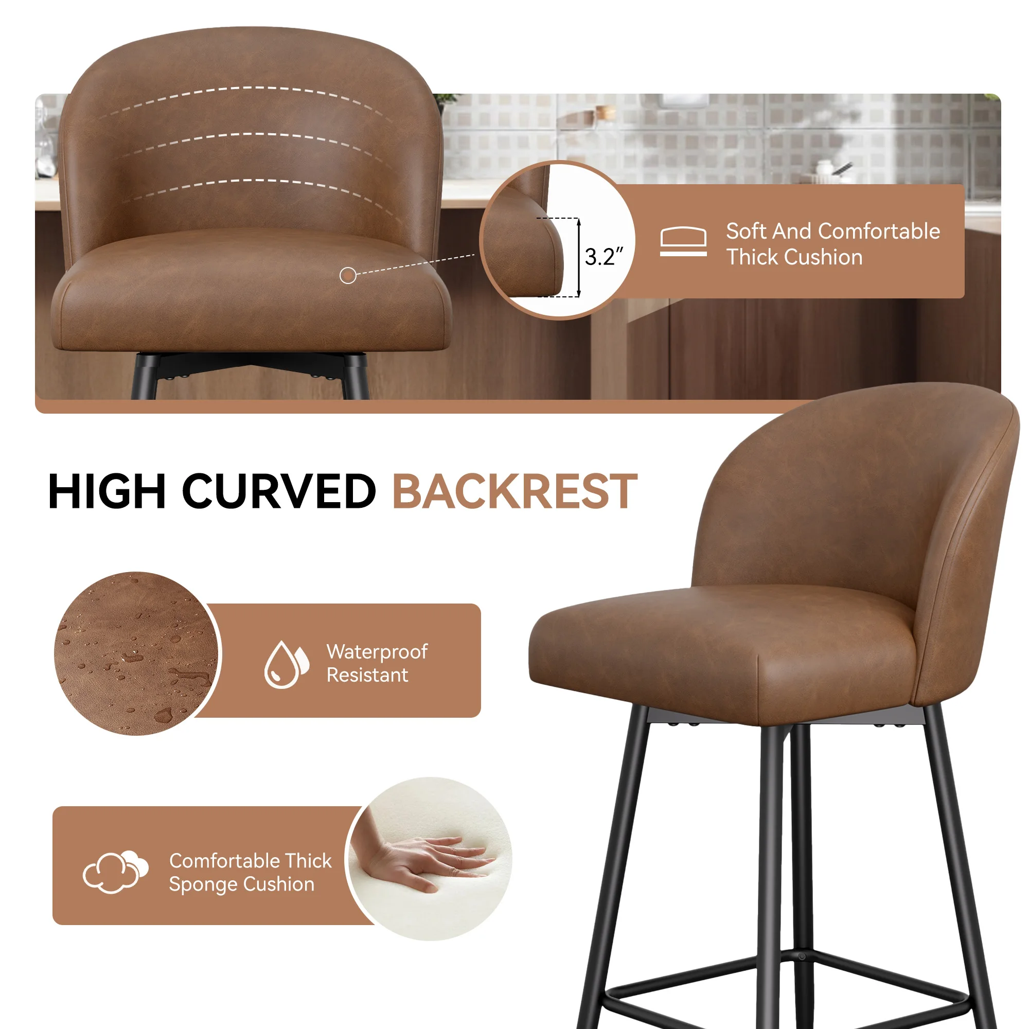 Counter Height Bar Stools Set of 2,360° Swivel Barstools with High Back and Metal Legs,26" Seat Height, Upholstered PU Leather