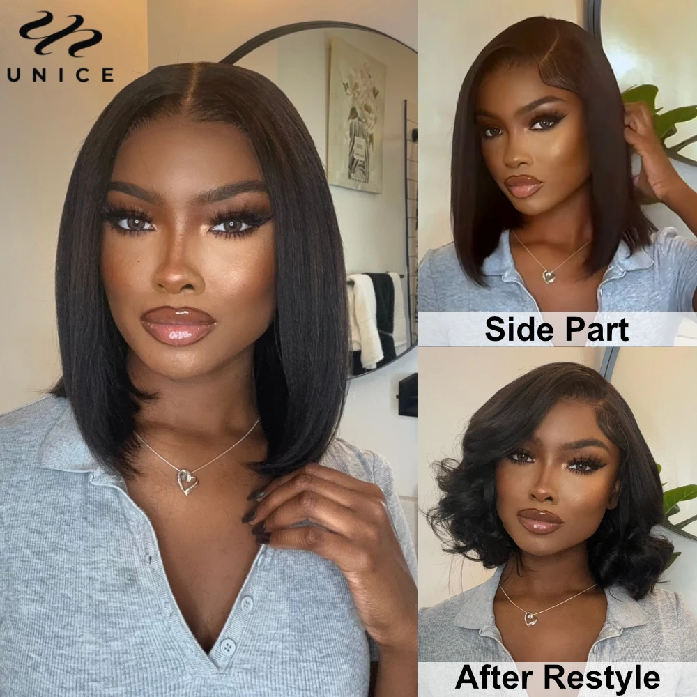 Unice cabelo cordão boné yaki em linha reta bob peruca pré corte pré branqueado 7x5 fechamento do laço perucas sem cola cabelo humano pronto para usar ir