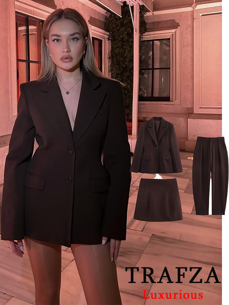 TRAFZA elegante Casual sólido traje de mujer bolsillos botón Blazer recto pantalones sueltos falda con cremallera nueva moda 2025 conjuntos de primavera verano