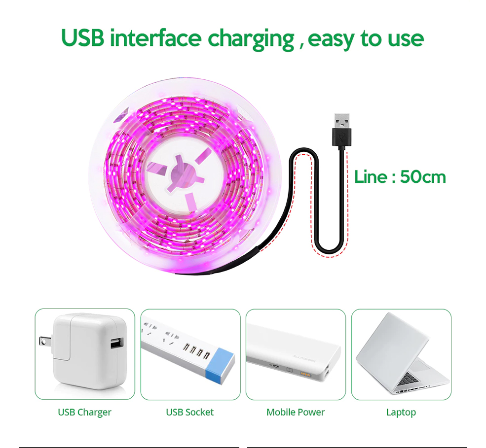 5V USB LED Plant Grow Light Spectrumเต็มPhytoโคมไฟ 1M 2M 3Mสําหรับเมล็ดดอกไม้เรือนกระจกเต็นท์พืชHydroponicแสง