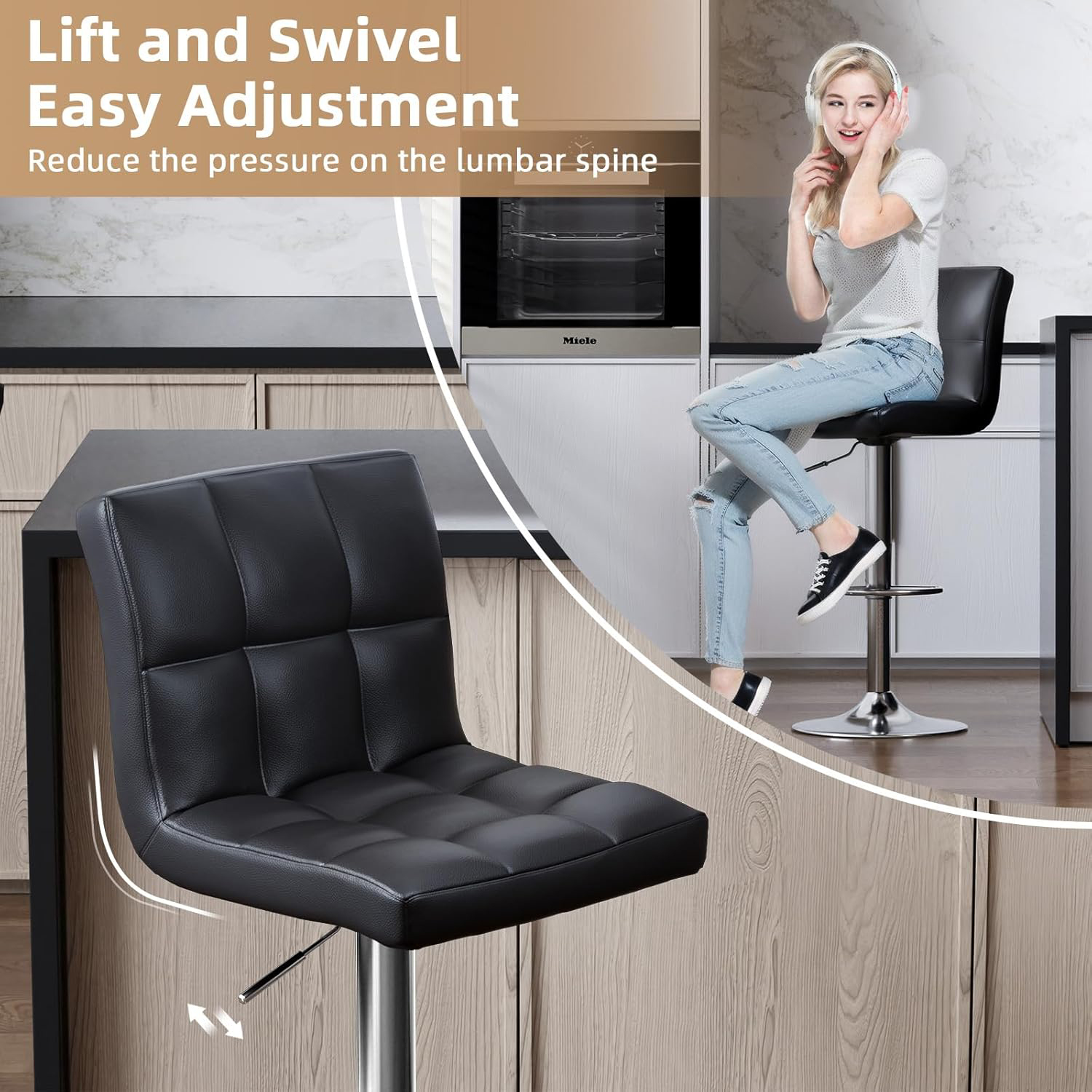 Barstool Bar Stools Set of 2 PU Leather Swivel Height Adjustable Bar Chairs For Breakfast Counter Kitchen and Home