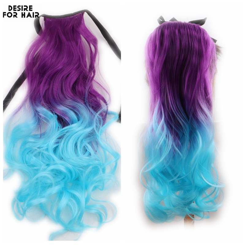 Ombre สีฟ้าสีชมพู 22 นิ้วหยักลอนริบบิ้นหางม้าสําหรับเด็กและผู้หญิงสังเคราะห์คลิปใน Drawstring ผมหางม้า Extension ผมชิ้น