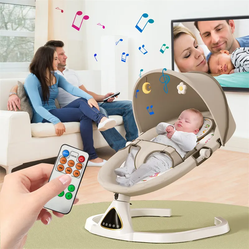 Lit de bébé à bascule électrique de luxe, balançoire inclinable, chaise pivotante automatique, ceinture de sécurité à cinq points avec télécommande