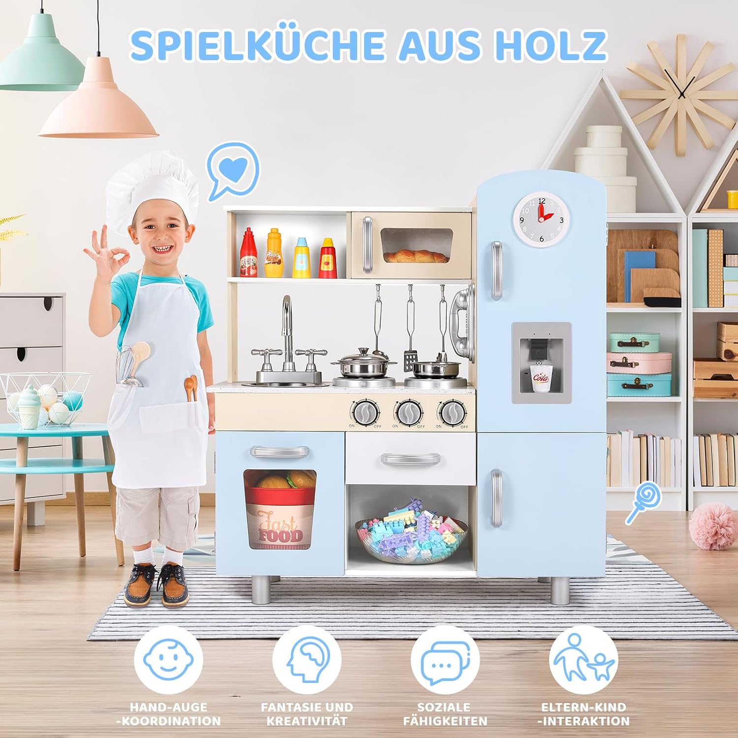 Kids Wooden Pretend Cooking Kitchen Playset with Cabinets for Toddler