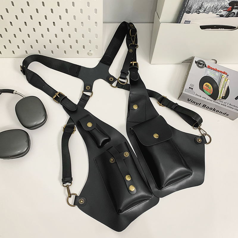 多機能PUレザーベストスタイルチェストバッグ スタイリッシュなショルダーバッグ 男女兼用