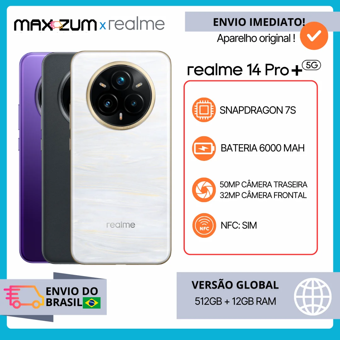 Versão global realme 14 Pro+ 5G Smartphone Sony 3X Periscope OIS Câmara Snapdragon7s Gen 3 80W SUPERVOOC Charge IP69