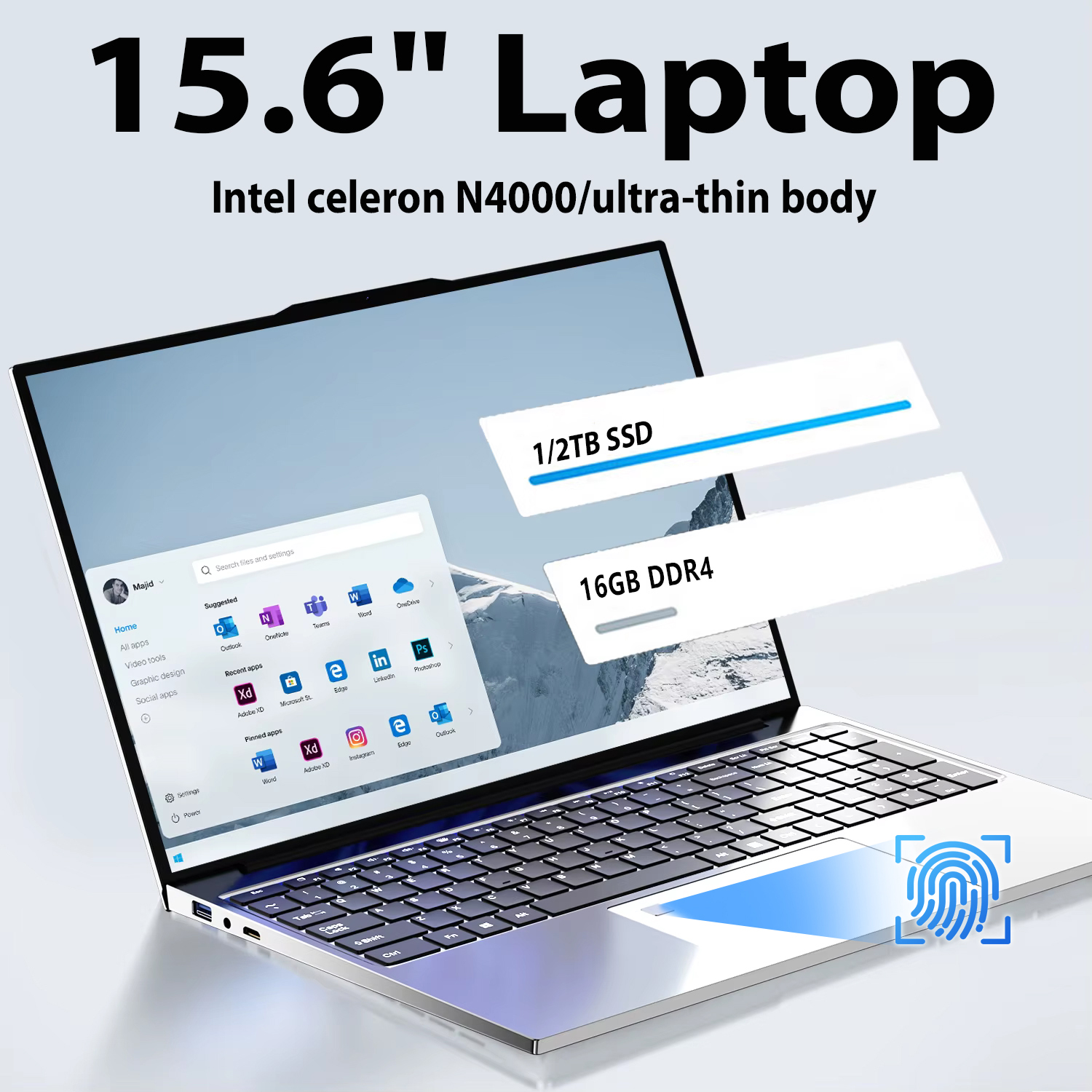 15.6 "Windows 11 Laptop Computer Intel Celeron N4000 Computer 16GB DDR4 1/2TB SSD Vingerafdruk ontgrendelen Notebook Laptops i7 Gaming