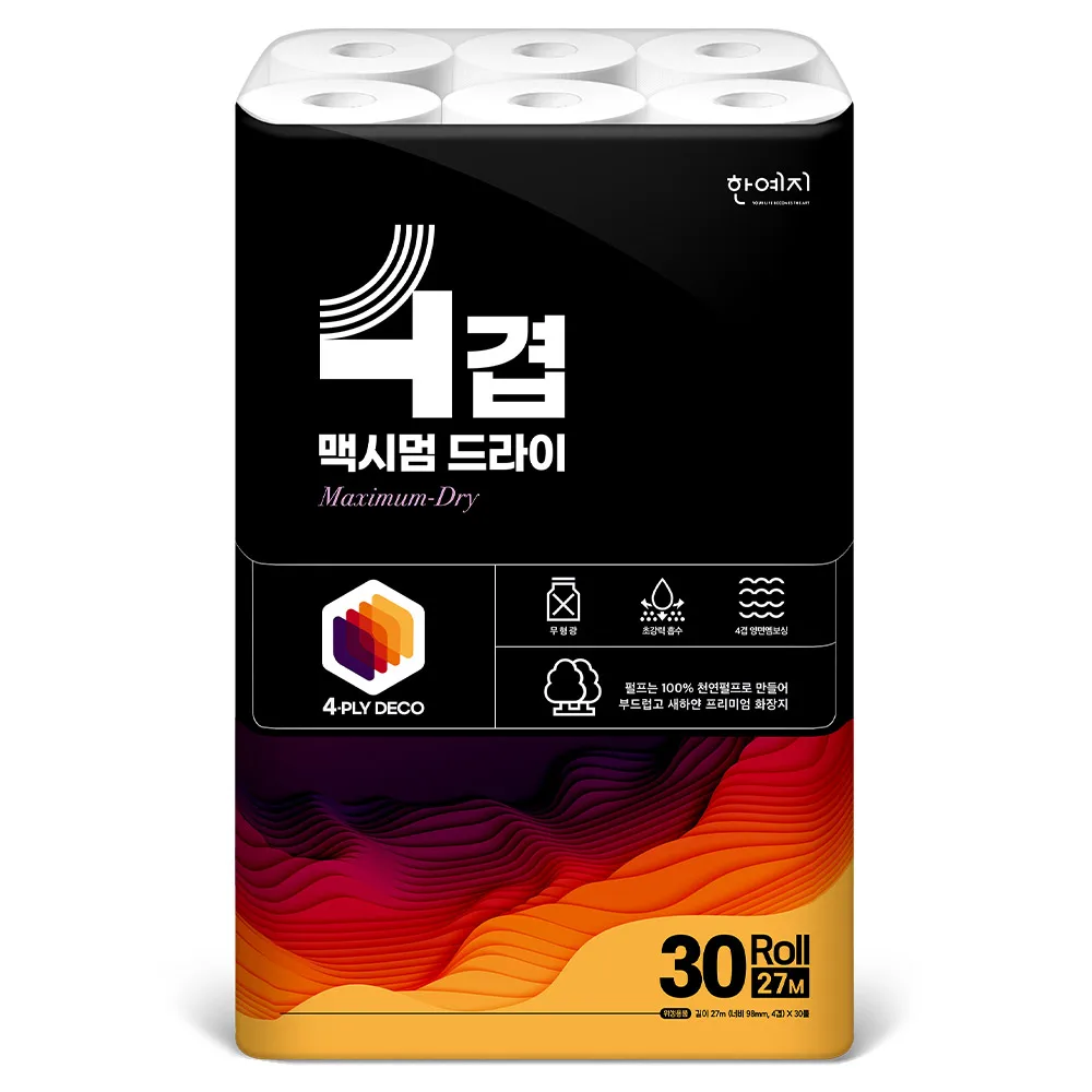 한예지 4겹 맥시멈 드라이 천연펄프 화장지 27m 30롤 1팩