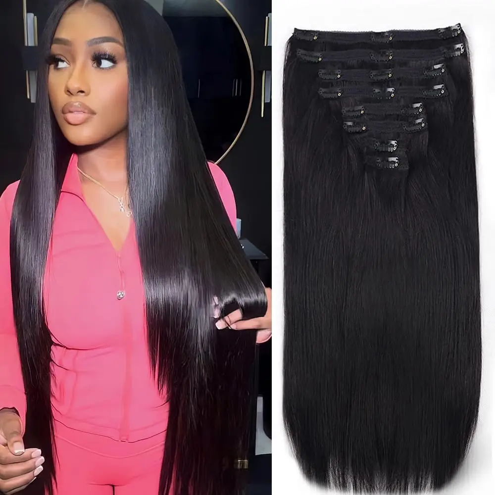 Grampo reto em extensões de cabelo cabelo humano real 8 pçs remy grampo de cabelo humano natural macio cabelo humano 120g # 1B Preto Natural