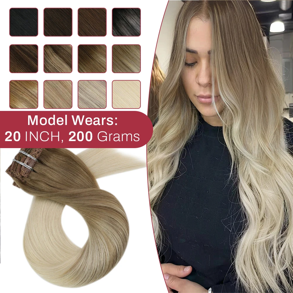 Moresoo clipe em extensões de cabelo 100% real remy cabelo humano brasileiro sedoso extensão do cabelo reto balayage loira extensão do cabelo
