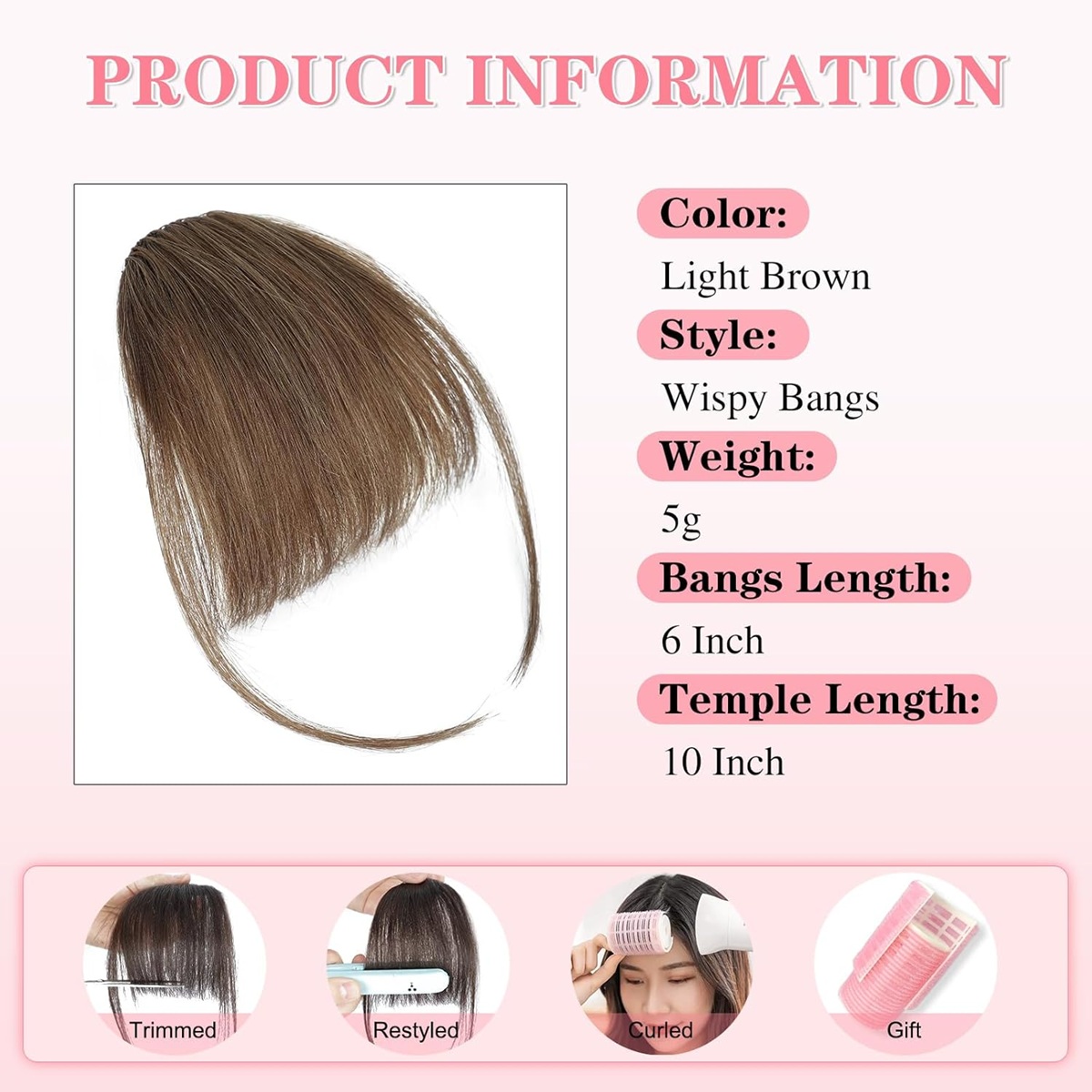 Real Human Hair Wispy Bangs with Temples,Curved Fringe Hair Accessories,Clip in Air Bangs,Kawaii Hairpieces Quick Hair Change