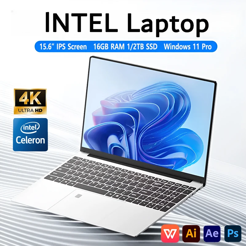 Computer portatili Windows 11 da 15.6 ''Intel Celeron N4000 16GB RAM 1TB 2TB SSD Laptop sblocco delle impronte digitali Laptop portatile per studio aziendale