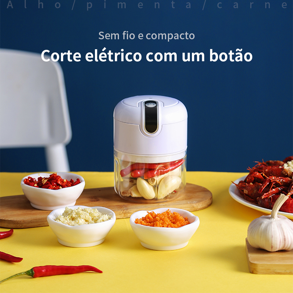 Mini Processador com 3 lâminas de aço inox Elétrico de Alimentos Portátil 250ml