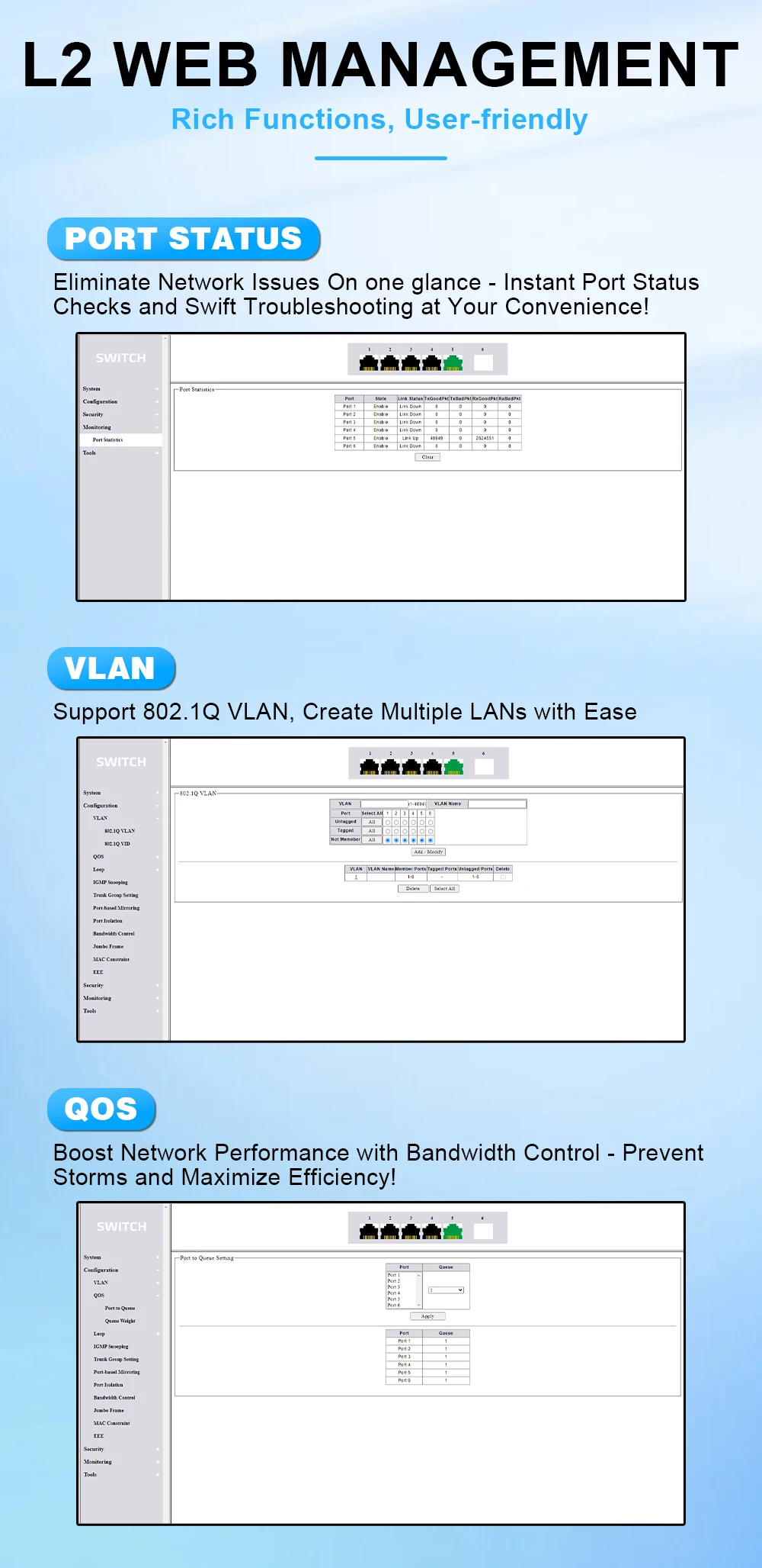 OPTFOCUS Web gestionado 5 8 puertos 2,5G 10G conmutador de red VLAN 2,5 gbe RJ45 hub ethernet 10gbe sfp + con agarración de enlace Qos