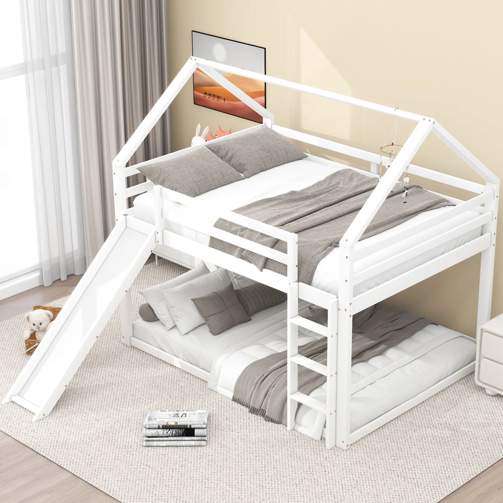 140x200 cm Letto matrimoniale letto per bambini letto a castello con scivolo e scaletta, cameretta alta matrimoniale per bambini, bianco