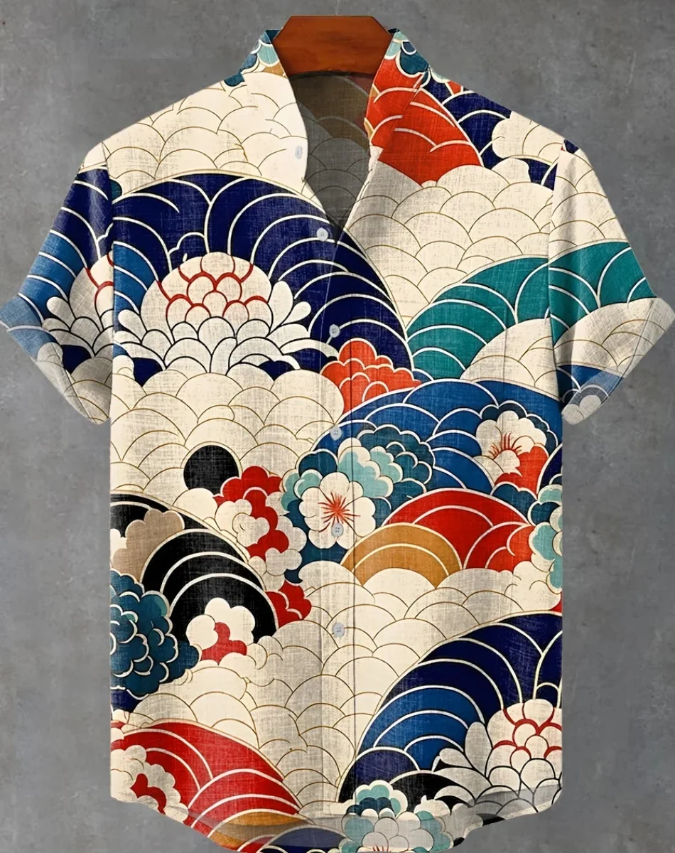 Hawaiian men's linen shirt abstract patchwork pattern art print shirt beach vacation daily travel men's clothing fast delivery
