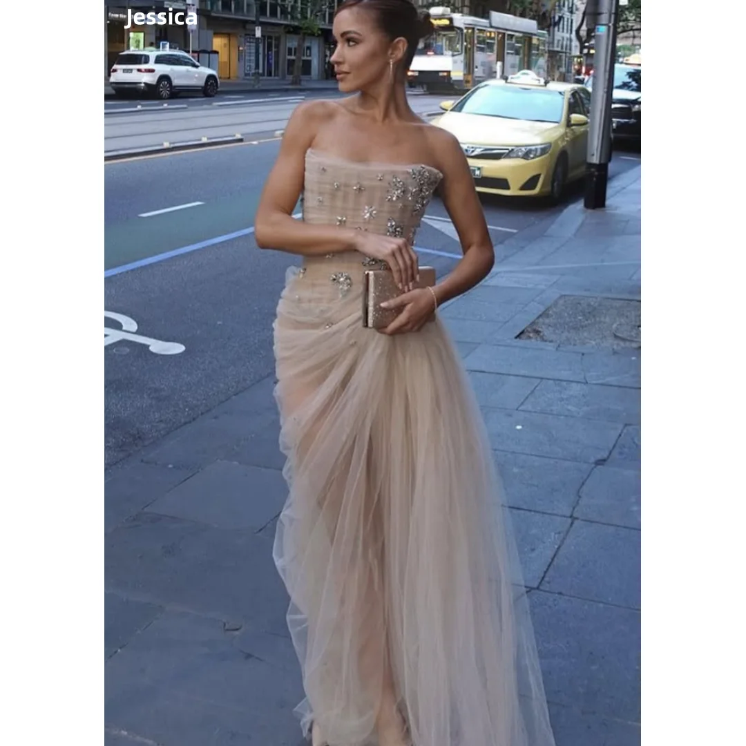Jessica cintura glitter contas vestidos de noite champanhe vestidos de baile plissado tule vestidos de festa de casamento feminino personalizado