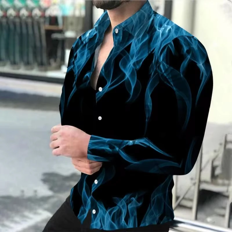แฟชั่นผู้ชายใหม่เสื้อ Turn-Down COLLAR Buttoned เสื้อฤดูใบไม้ผลิและฤดูใบไม้ร่วงสบายๆเปลวไฟพิมพ์เสื้อแขนยาวบุรุษเสื้อผ้า