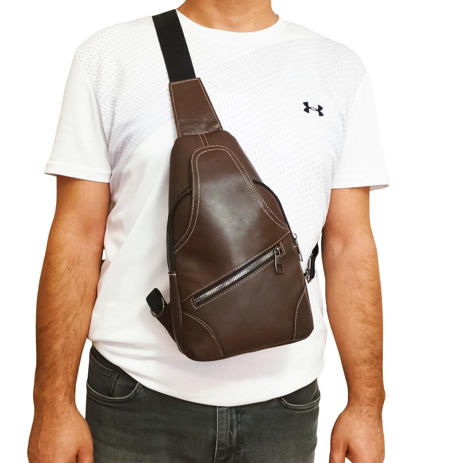 Lederax Genuine Leather Crossbody Bag Double Side Strap Chest Bag Bodybag