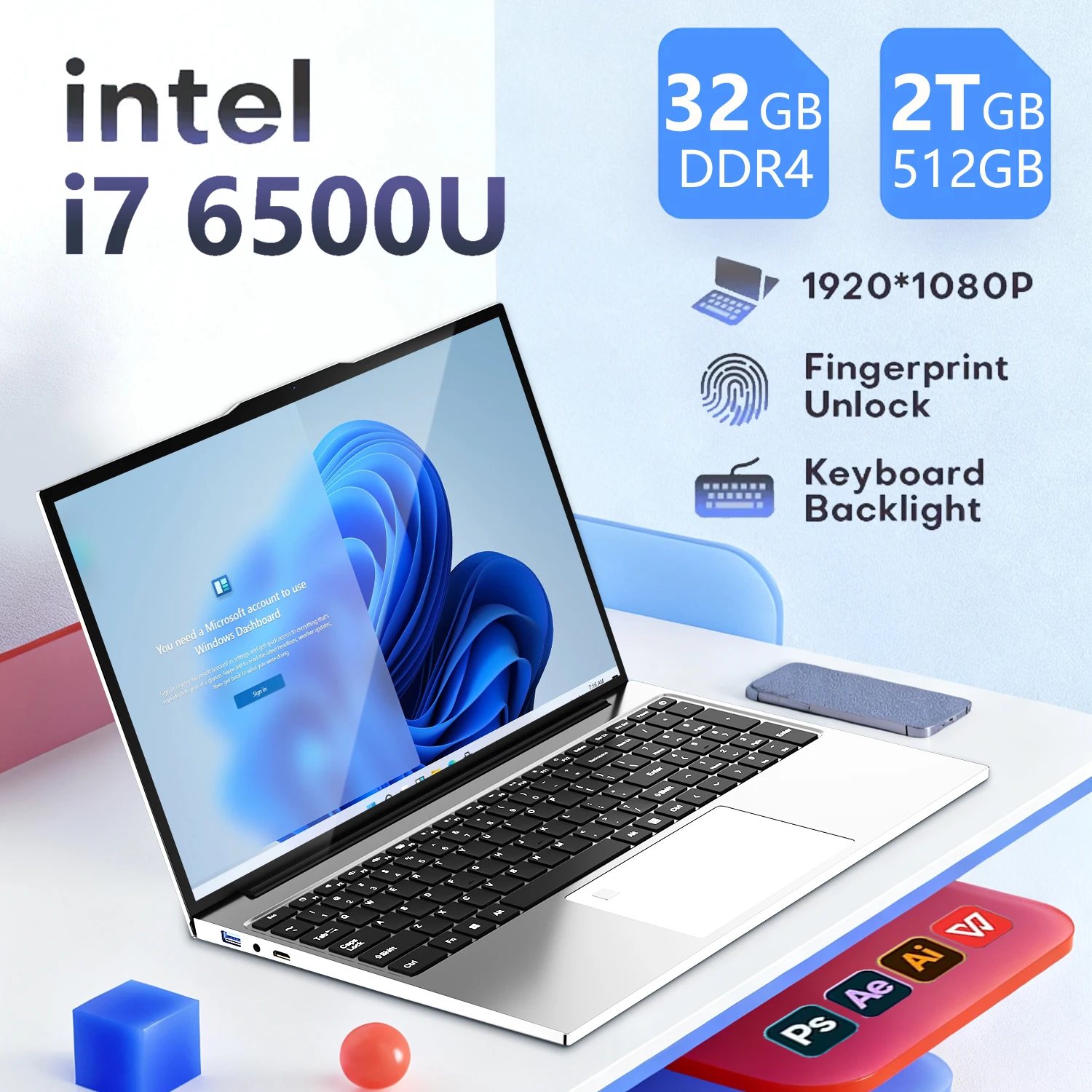 Laptop da 15.6 pollici Intel Core i7-6500U WiFi 6 1920*1080 32GB di RAM 1TB 2TB SSD Laptop Windows 11 pro Notebook Computer da ufficio