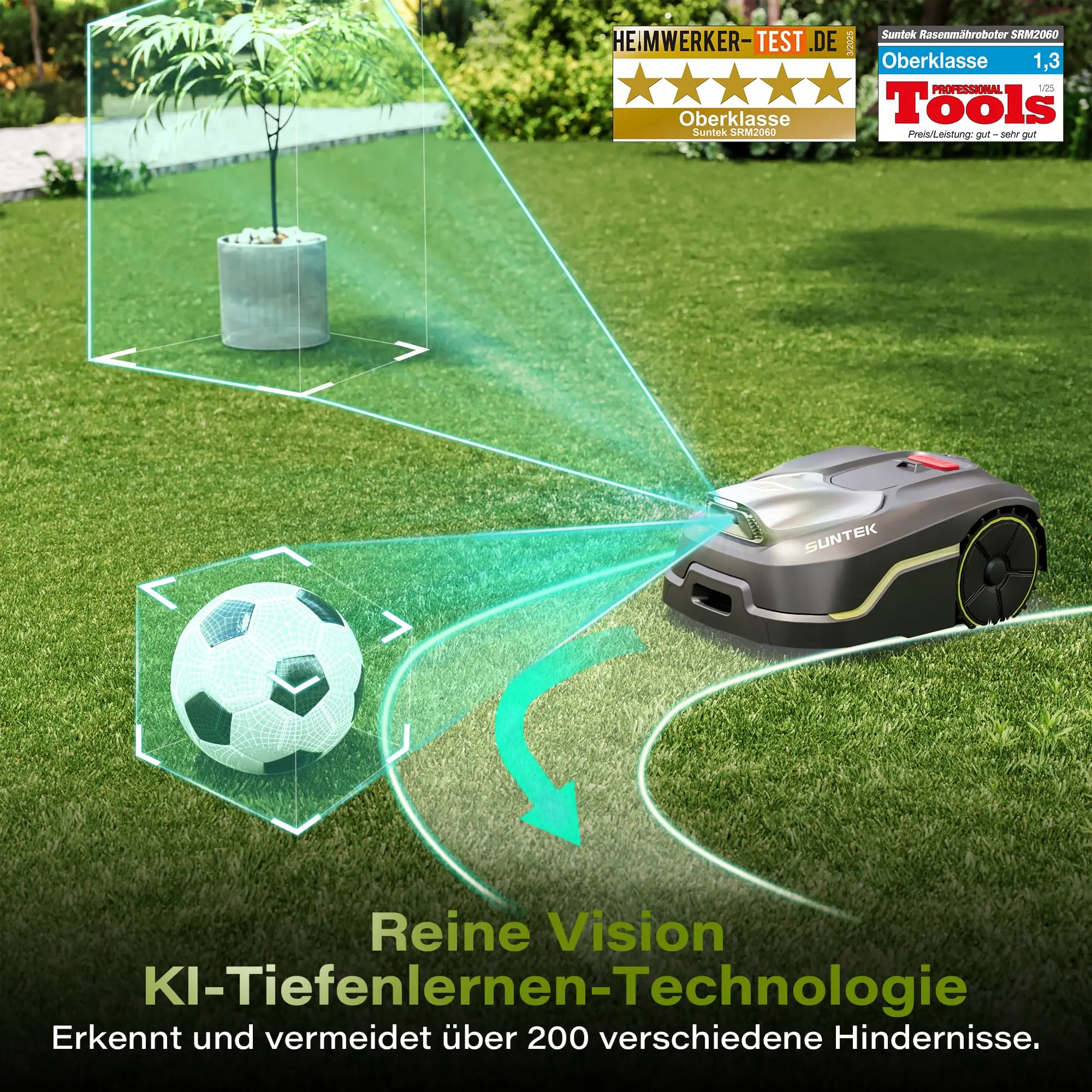 SUNTEK robotgrasmaaier zonder grensdraad AI Vision-camera, max. 600 m2, nauwkeurige obstakelvermijding, IPX5 waterbescherming,