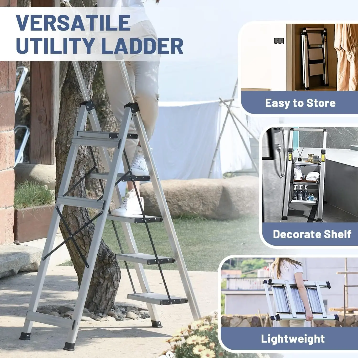 Step Ladder 5 Step, Aluminum Folding Step Stool with Retractable Handgrip & Removable Tool Tray, Lightweight Stepladders