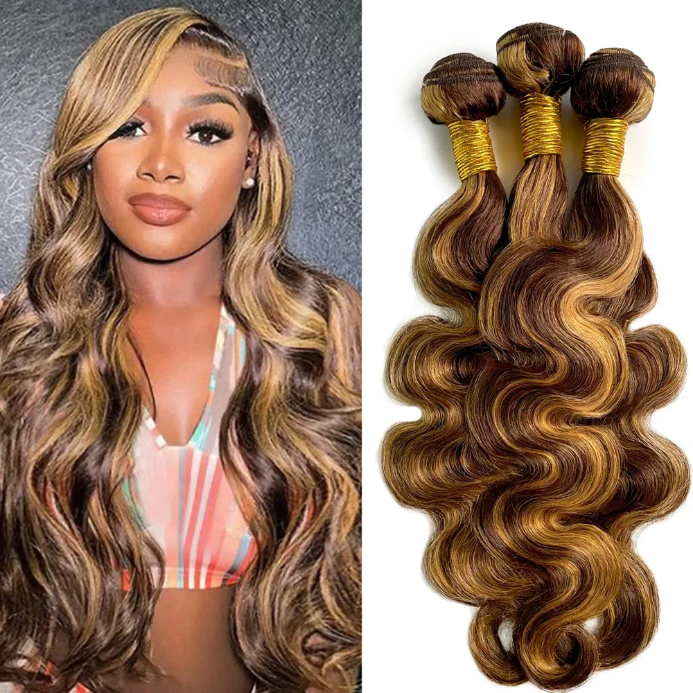 P4/27 destaque pacotes de cabelo humano onda do corpo pacotes de cabelo humano 18 20 22 Polegada feixes de onda do corpo do cabelo humano ombre marrom pacotes